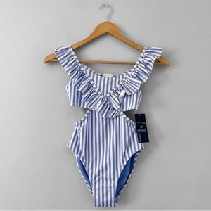 New Habitual Purple Striped Kids One Piece Cutout Swimsuit Size 12